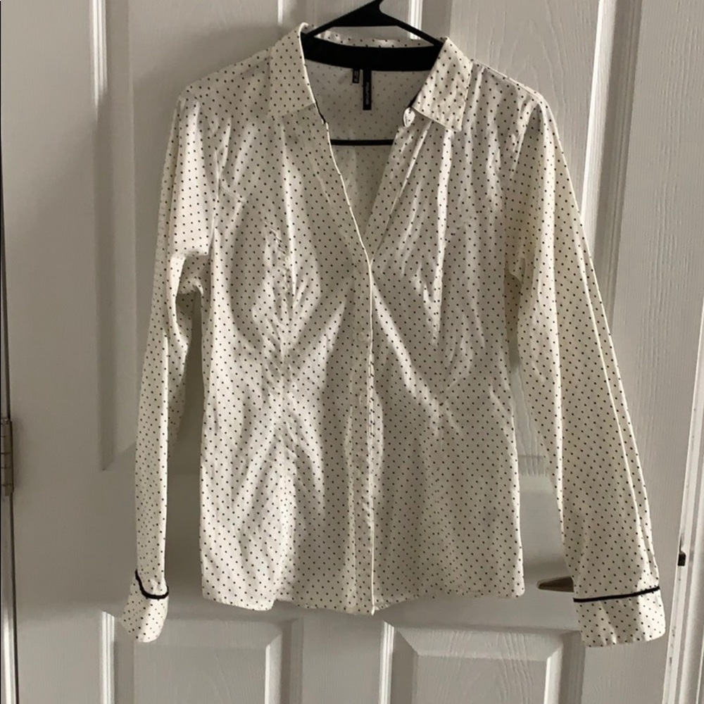 White with black polka dot button up dress shirt